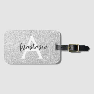 Girly Glam Silver Glitter Sparkles Monogram Namn Bagagebricka