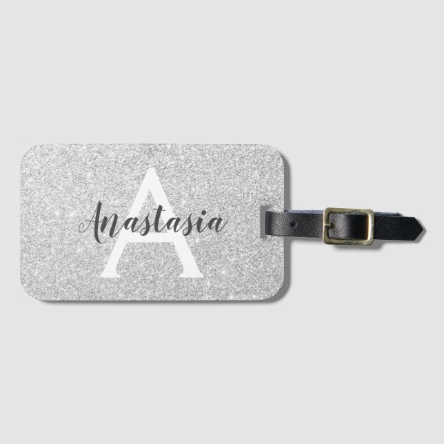 Girly Glam Silver Glitter Sparkles Monogram Namn Bagagebricka (Framsida horisontal)
