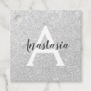 Girly Glam Silver Glitter Sparkles Monogram Namn Gåvor Etiketter