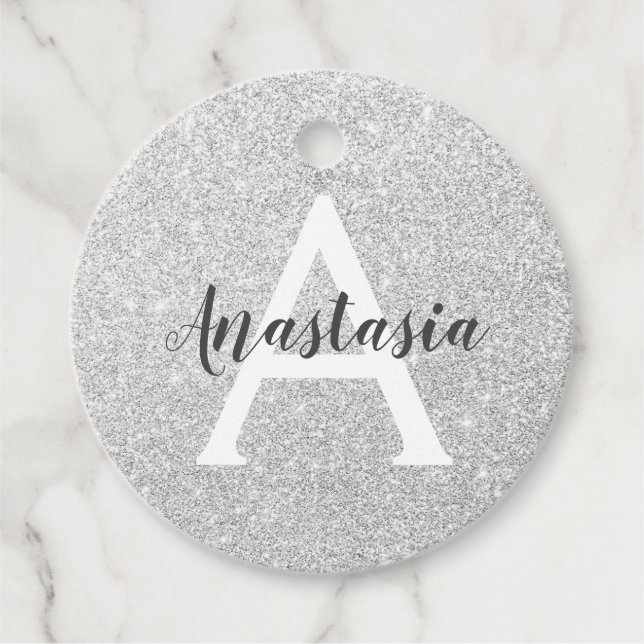 Girly Glam Silver Glitter Sparkles Monogram Namn Gåvor Etiketter (Framsida)