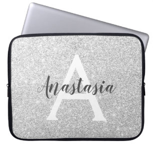 Girly Glam Silver Glitter Sparkles Monogram Namn Laptop Fodral