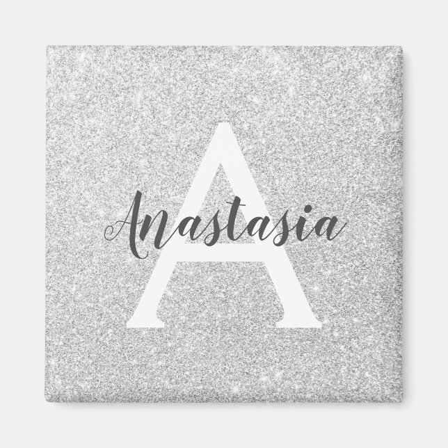 Girly Glam Silver Glitter Sparkles Monogram Namn Magnet (Framsidan)