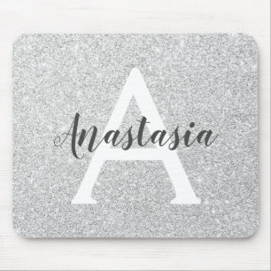 Girly Glam Silver Glitter Sparkles Monogram Namn Musmatta