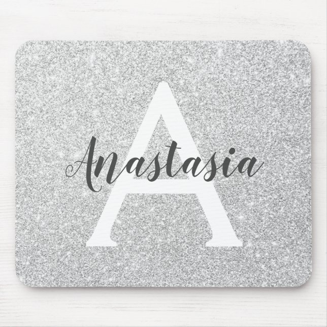 Girly Glam Silver Glitter Sparkles Monogram Namn Musmatta (Framsidan)