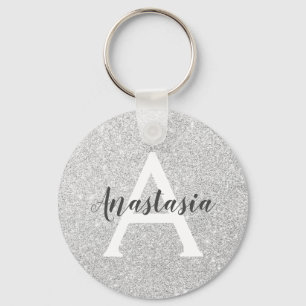 Girly Glam Silver Glitter Sparkles Monogram Namn Nyckelring