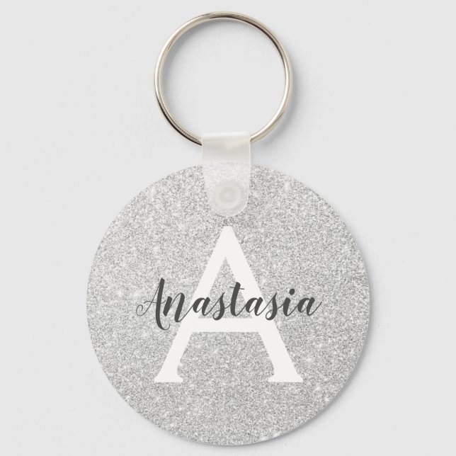 Girly Glam Silver Glitter Sparkles Monogram Namn Nyckelring (Framsida)