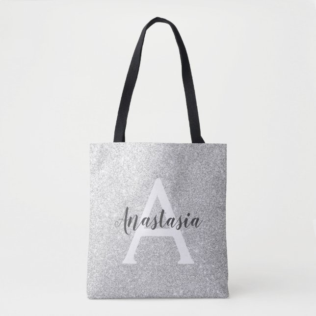 Girly Glam Silver Glitter Sparkles Monogram Namn Tygkasse (Framsida)