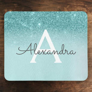 Girly Glam Teal Blue Glitter Monogram Ombre Musmatta