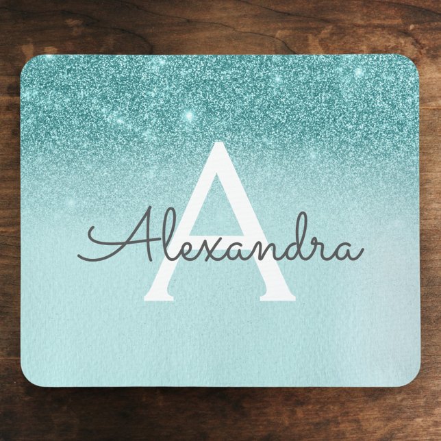Girly Glam Teal Blue Glitter Monogram Ombre Musmatta (Skapare uppladdad)