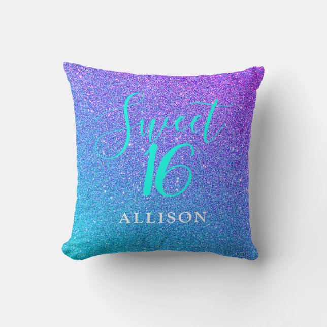 Girly Glam Teal Lila Glitter Sweet 16 Monogram Kudde (Framsida)