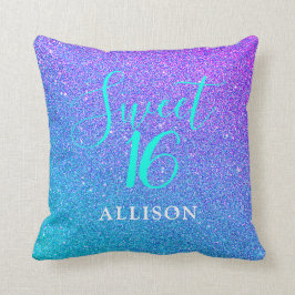 Girly Glam Teal Lila Glitter Sweet 16 Monogram Kudde