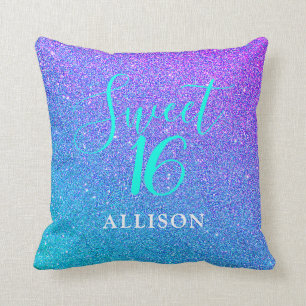 Girly Glam Teal Lila Glitter Sweet 16 Monogram Kudde