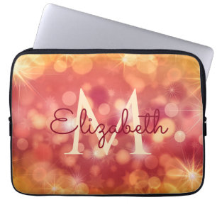 Girly Glitter Coral Orange Bokeh Initial Monogram Laptop Fodral