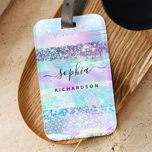 Girly Glitter Faux Holografiska Rosa Blue Lila Bagagebricka