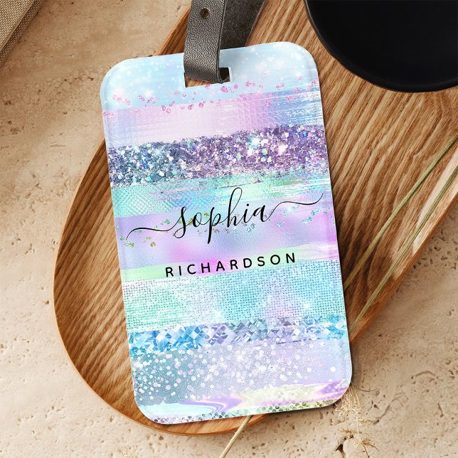 Girly Glitter Faux Holografiska | Rosa Blue Lila Bagagebricka (A glam, faux holographic look luggage tag)