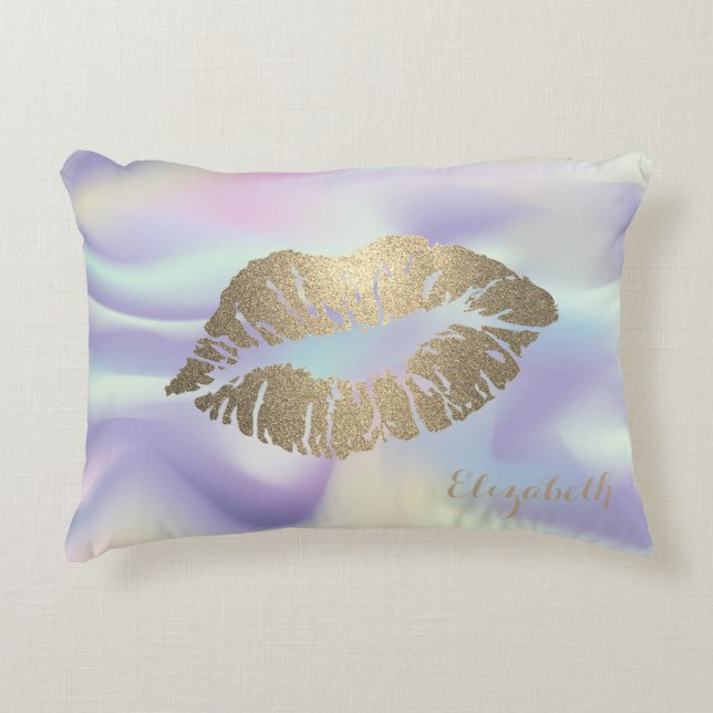 Girly Glitter Lips Holografisk Prydnadskudde (Framsidan)