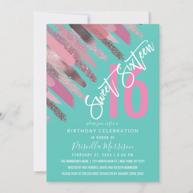 Girly Glitter Paint Brushstroke Rosa Teal Sweet 16 Inbjudningar (Framsida)