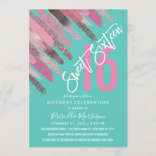 Girly Glitter Paint Brushstroke Rosa Teal Sweet 16 Inbjudningar