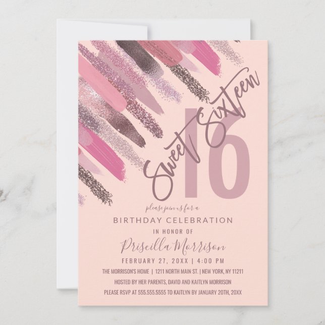 Girly Glitter Paint Brushstrokes Rosa Sweet 16 Inbjudningar (Framsida)