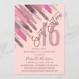 Girly Glitter Paint Brushstrokes Rosa Sweet 16 Inbjudningar