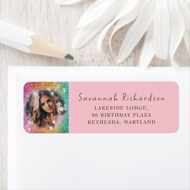 Girly Glitter Rosa & Photo Party Returadress Etikett (Insitu)