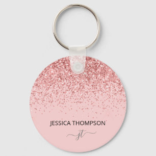 Girly Glitter Rosa Simple Monogram Namn Nyckelring