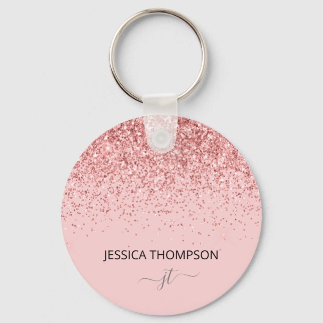 Girly Glitter  Rosa Simple Monogram Namn Nyckelring (Framsida)
