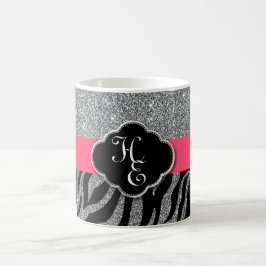Girly Glitter Silver Rosa Zebra Lägg till Initiale Kaffemugg