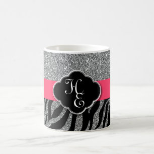 Girly Glitter Silver Rosa Zebra Lägg till Initiale Kaffemugg