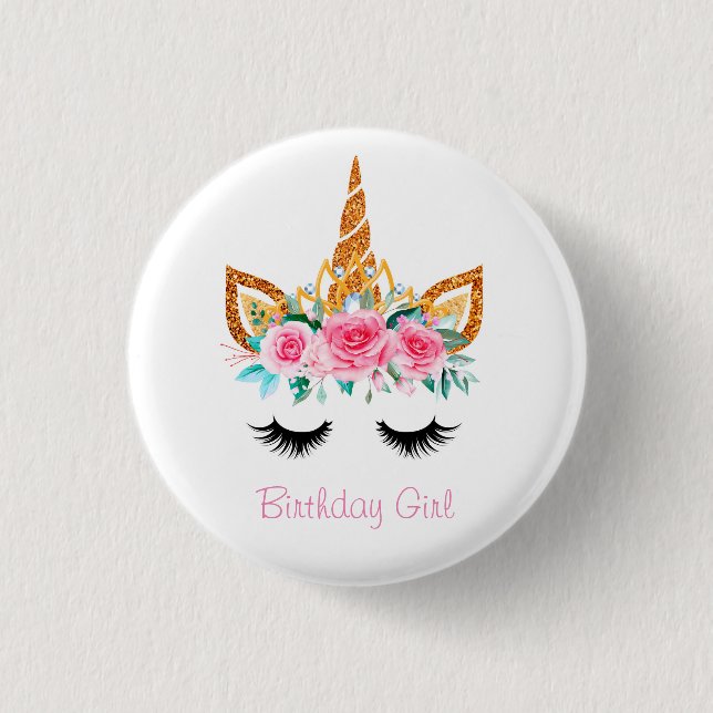 Girly Glitter Unicorn Ansikte Birthday Badge Knapp (Framsida)