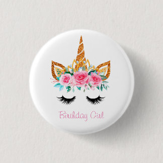 Girly Glitter Unicorn Ansikte Birthday Badge Knapp