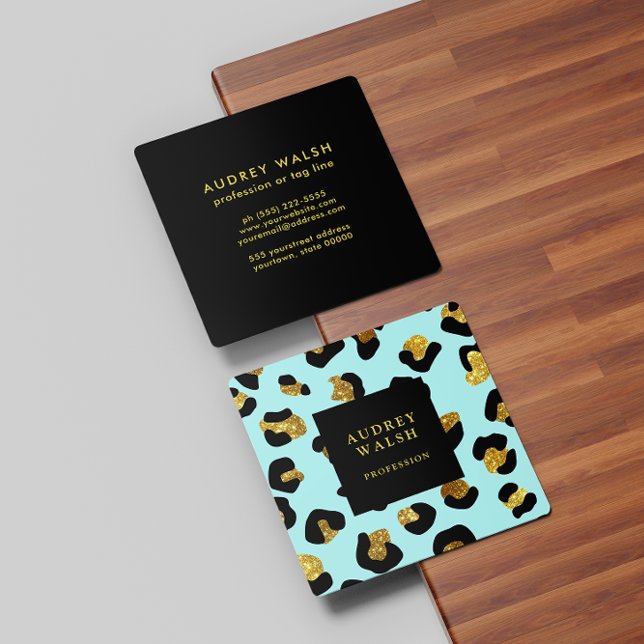 Girly Glittery Guld Aqua Leopard skriver ut Luxury Fyrkantigt Visitkort (Skapare uppladdad)