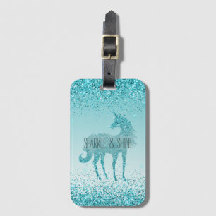 Girly Glitz Aqua Turquise Glitter Unicorn Bagagebricka