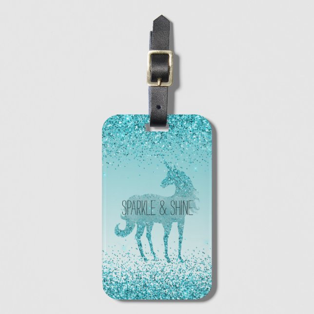 Girly Glitz Aqua Turquise Glitter Unicorn Bagagebricka (Framsida vertikal)