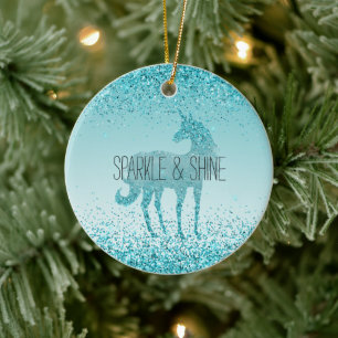 Girly Glitz Aqua Turquise Glitter Unicorn Julgransprydnad Keramik