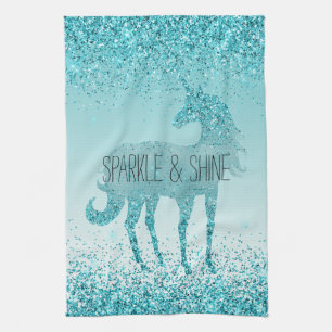 Girly Glitz Aqua Turquise Glitter Unicorn Kökshandduk