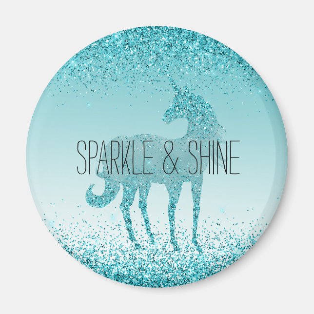 Girly Glitz Aqua Turquise Glitter Unicorn Magnet (Framsidan)