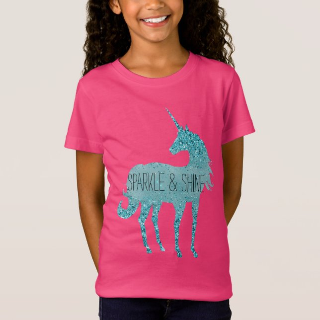 Girly Glitz Aqua Turquise Glitter Unicorn T Shirt (Framsida)