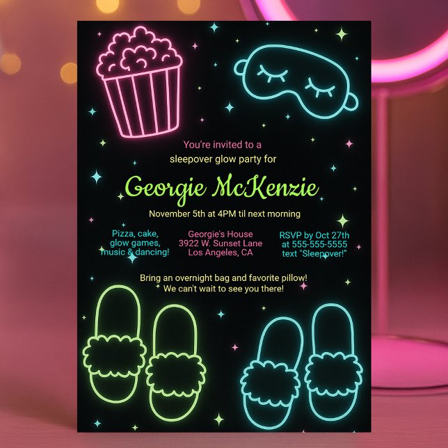 GIRLY GLOW SLEEPOVER NEON PAJAMA PARTY INBJUDNINGAR (GIRLY GLOW SLEEPOVER NEON PAJAMA PARTY INVITATION)