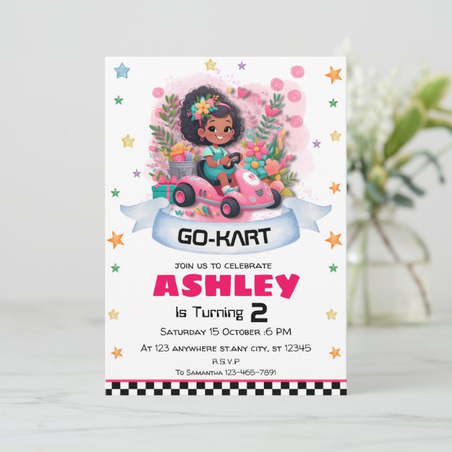 Girly Go Kart Birthday-inbjudan Inbjudningar (Stående Fram)