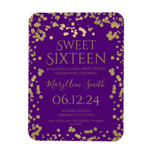 Girly Gold Foil Confetti Sweet 16 Inbjudan Lila Magnet