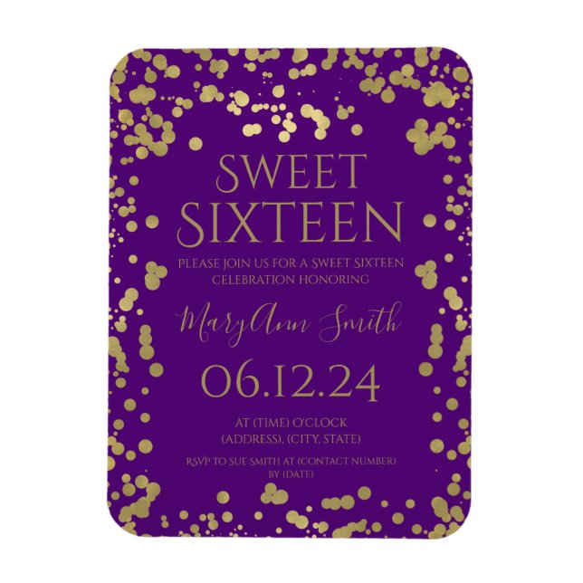 Girly Gold Foil Confetti Sweet 16 Inbjudan Lila Magnet (Vertikal)