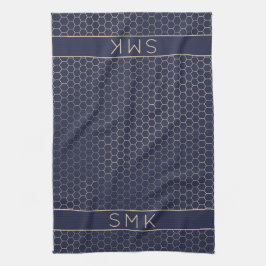 Girly Gold Foil Navy Blue Geometric Monogram Kökshandduk