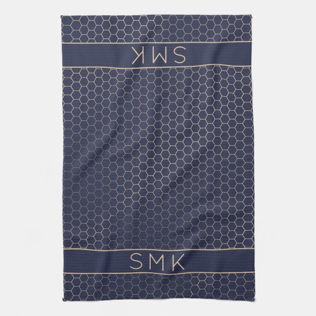 Girly Gold Foil Navy Blue Geometric Monogram Kökshandduk (Vertikal)