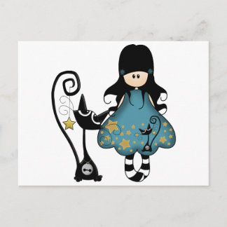Girly Goth Girl med svart katt Vykort