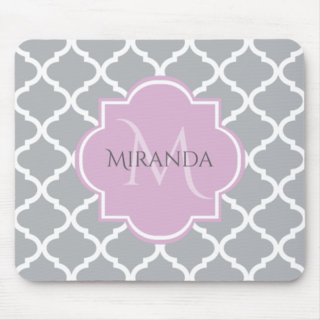 Girly Grått Quatrefoil Lavender Monogram och Namn Musmatta (Framsidan)