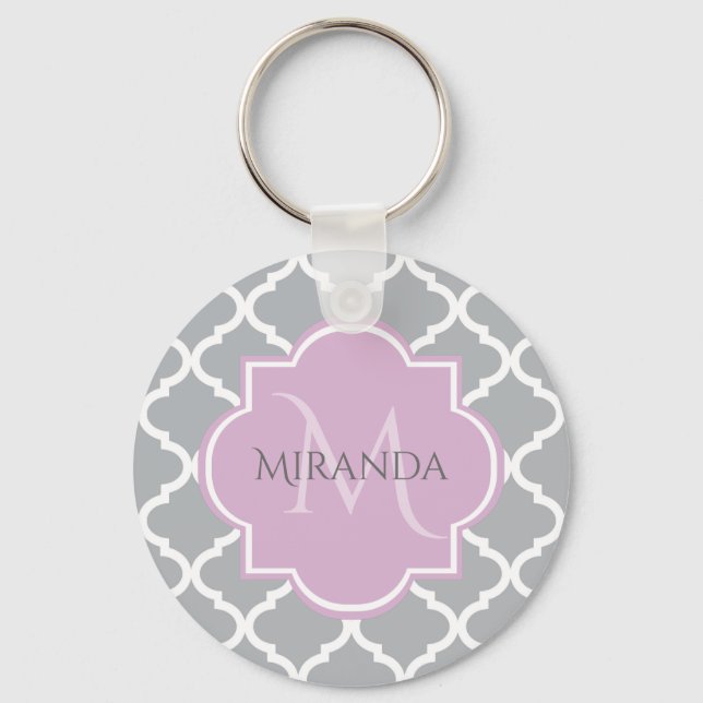 Girly Grått Quatrefoil Lavender Monogram och Namn Nyckelring (Framsida)