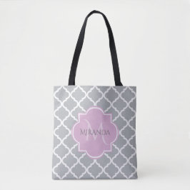 Girly Grått Quatrefoil Lavender Monogram och Namn Tygkasse