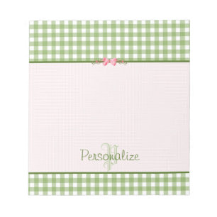 Girly Grönt Gingham Monogram med Namn Anteckningsblock