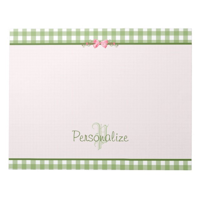 Girly Grönt Gingham Monogram med Namn Anteckningsblock (Framsida)